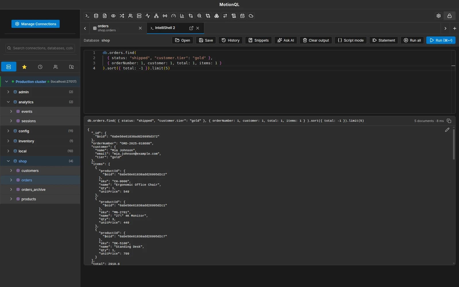 MotionQL IntelliShell with a find command, autocomplete and results